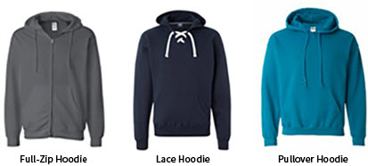 (Shirt styles pictured from left to right - Full-Zip Hoodie, Lace Hoodie, Pullover Hoodie