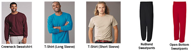 (Shirt styles pictured from left to right - Crewneck Sweatshirt, T-Shirt (Long Sleeve), T-Shirt (Short Sleeve), NuBlend Sweatpants, Open-Bottom Sweatpants