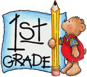 Teddy Bear Holding a pencil by 1st grade sign