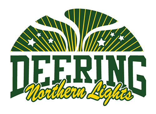 deering school logo in green, gold, and white with stars and the milky way above deering northern lights text