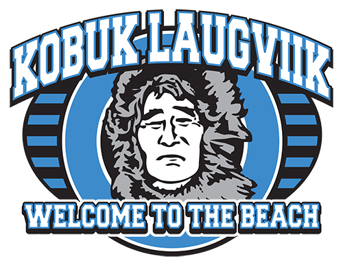 kobuk school logo in white, black, and blue with kobuk laugviik above a man with a furry hood and below him welcome to the beach
