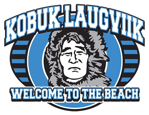 kobuk school logo in white, black, and blue with kobuk laugviik above a man with a furry hood and below him welcome to the beach