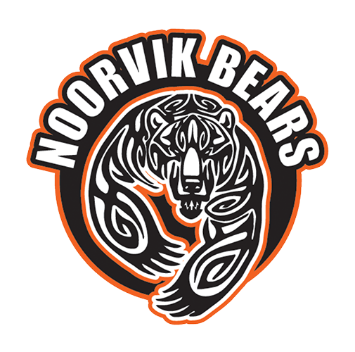 noorvik school logo in white, black, orange with a tribal-print bear below noorvik bears text