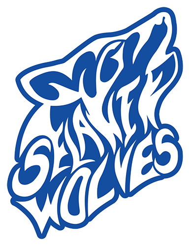 selawik school logo in white and blue of tribal-print wolf howling and selawik wolves woven into design