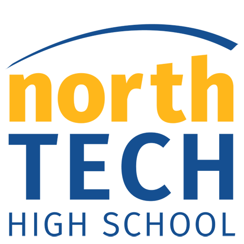 north technical high school vertical text-logo with navy blue and gold lettering